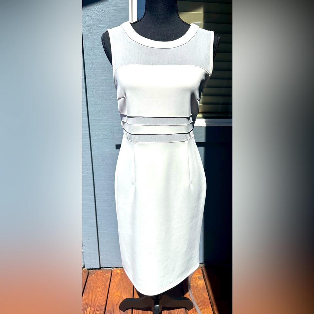 Spense Stunning White Midi Dress with waistline transparent accent.